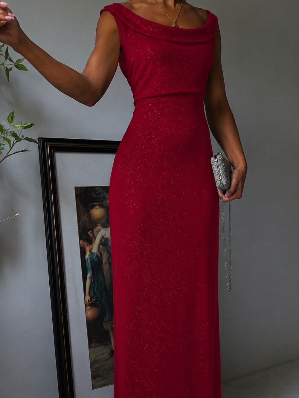 90s Red Glitter Maxi Dress Size Medium Open Back Slit